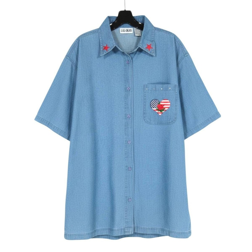 Vtg LAS OLAS Blue Denim Embroidered Patriotic Button-Up Jean Shirt Top Sz XL